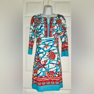 NWOT Barbara Gerwit Sea/Coral Motif Engineered Knit Slit Neck Long Sleeve Dress